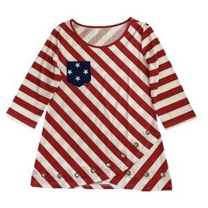 Womens Modlily Patriotic Flag Print T Shirt Top 3/4 Sleeve Bottom Ring Detail M